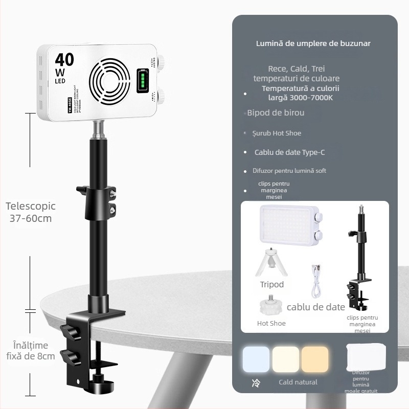 Lumină LED de umplere de 40W - portabilă, cu baterie încorporată, 7.4V, pentru streaming live, fotografie și video, în aer liber