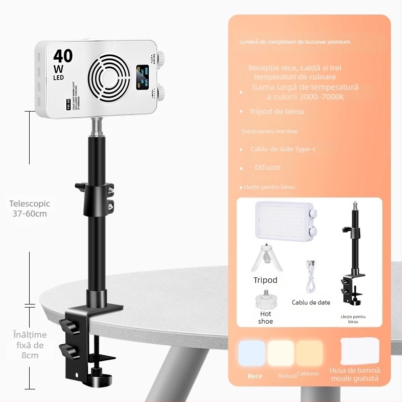 Lumină LED de umplere de 40W - portabilă, cu baterie încorporată, 7.4V, pentru streaming live, fotografie și video, în aer liber