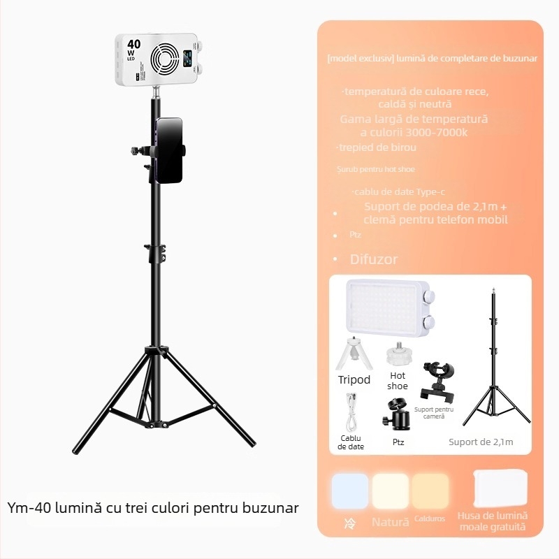 Lumină LED de umplere de 40W - portabilă, cu baterie încorporată, 7.4V, pentru streaming live, fotografie și video, în aer liber