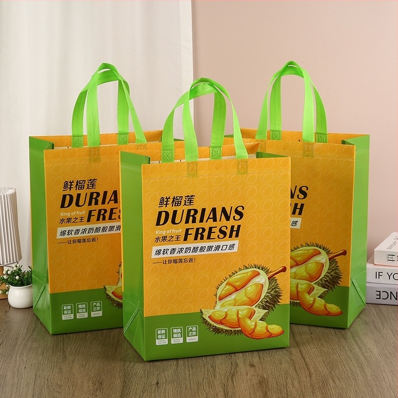Geantă din material nețesut pentru durian, ambalare pentru magazin de fructe — imprimare laminată, imprimare logo, bază și laturi, stoc disponibil / personalizabil