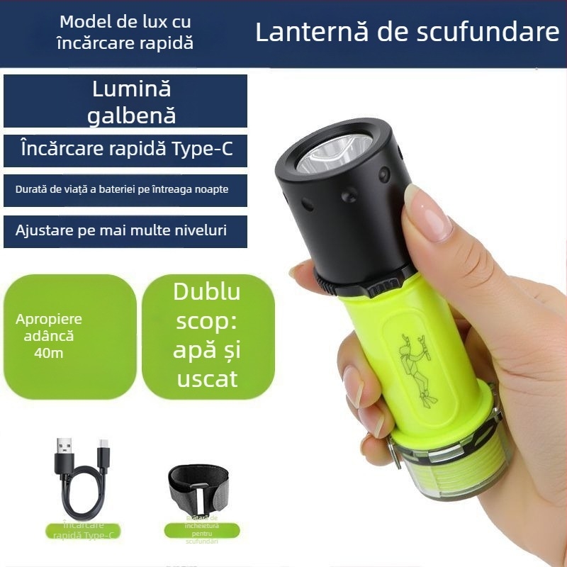 Lumină de scufundare pentru iluminare subacvatică, impermeabilă, reîncărcabilă, corp din plastic, lumină puternică, pentru pescuitul marin