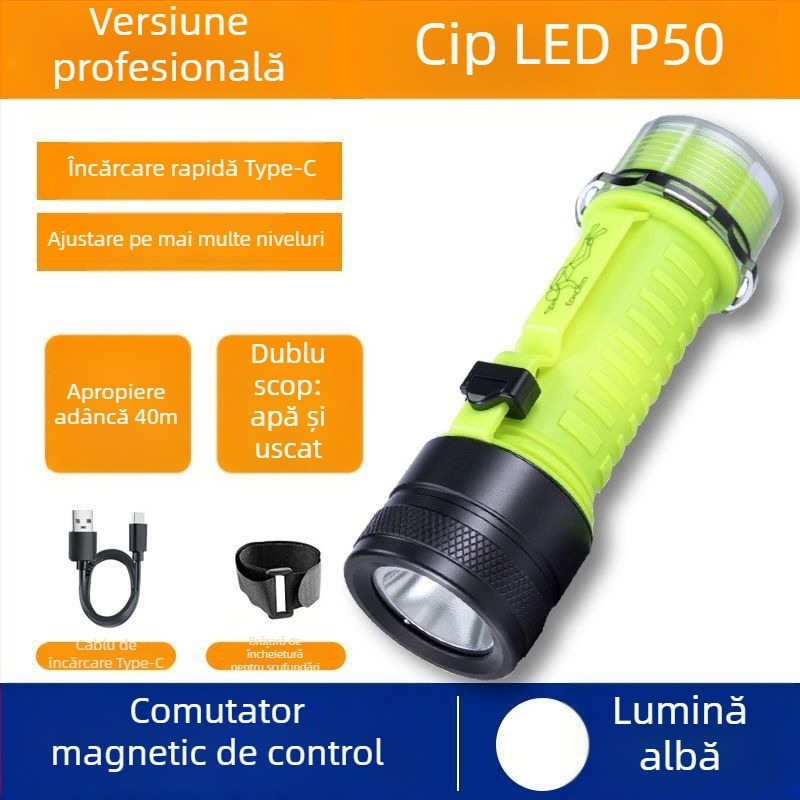 Lumină de scufundare pentru iluminare subacvatică, impermeabilă, reîncărcabilă, corp din plastic, lumină puternică, pentru pescuitul marin