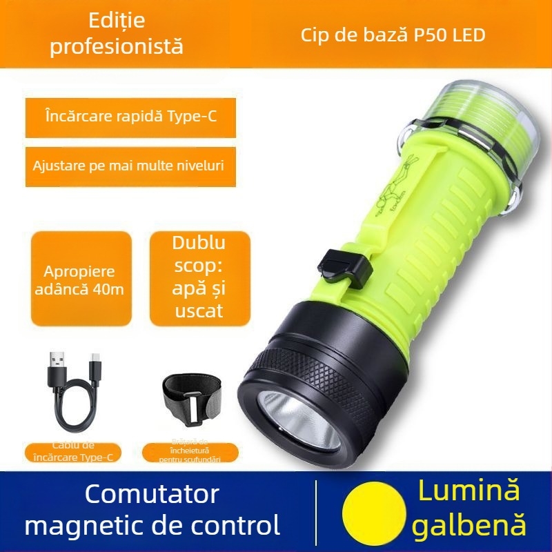 Lumină de scufundare pentru iluminare subacvatică, impermeabilă, reîncărcabilă, corp din plastic, lumină puternică, pentru pescuitul marin