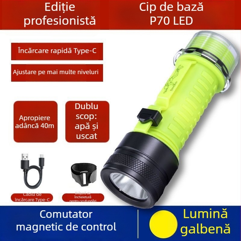Lumină de scufundare pentru iluminare subacvatică, impermeabilă, reîncărcabilă, corp din plastic, lumină puternică, pentru pescuitul marin