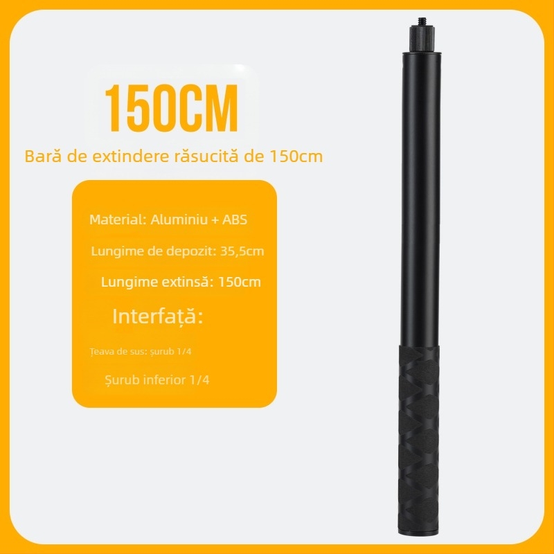 Baston selfie cu mâner rotativ și tijă extensibilă — aliaj de aluminiu, înălțime 3 m, sarcină 2 kg, Diametru 2,5 cm, 5 secțiuni