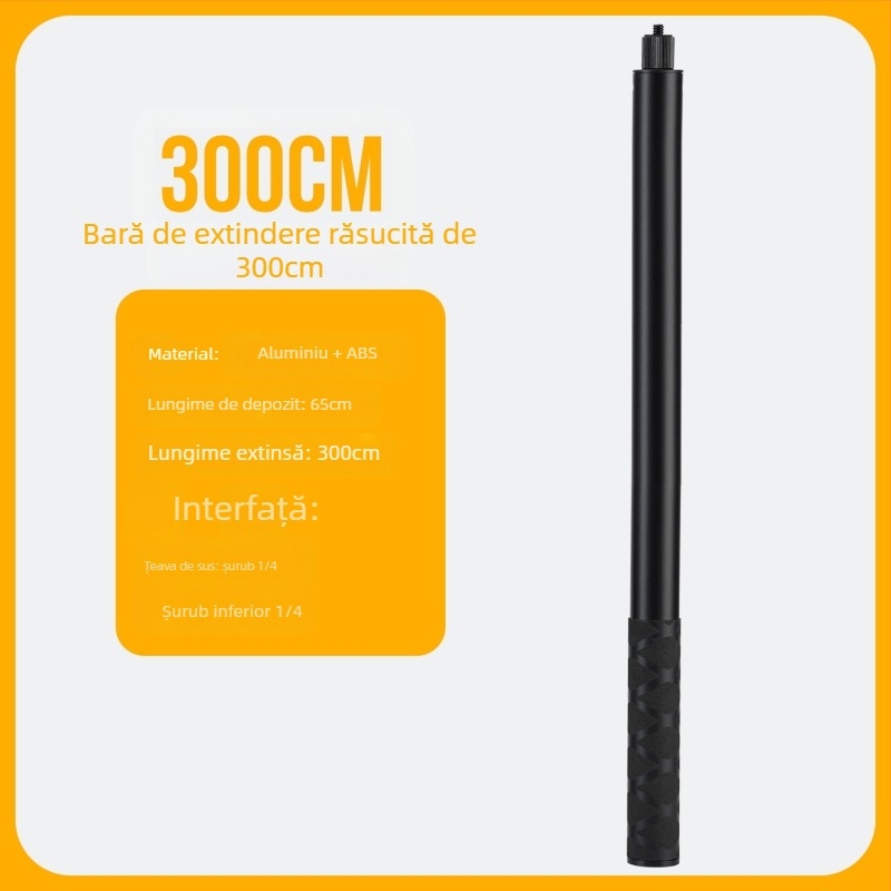 Baston selfie cu mâner rotativ și tijă extensibilă — aliaj de aluminiu, înălțime 3 m, sarcină 2 kg, Diametru 2,5 cm, 5 secțiuni