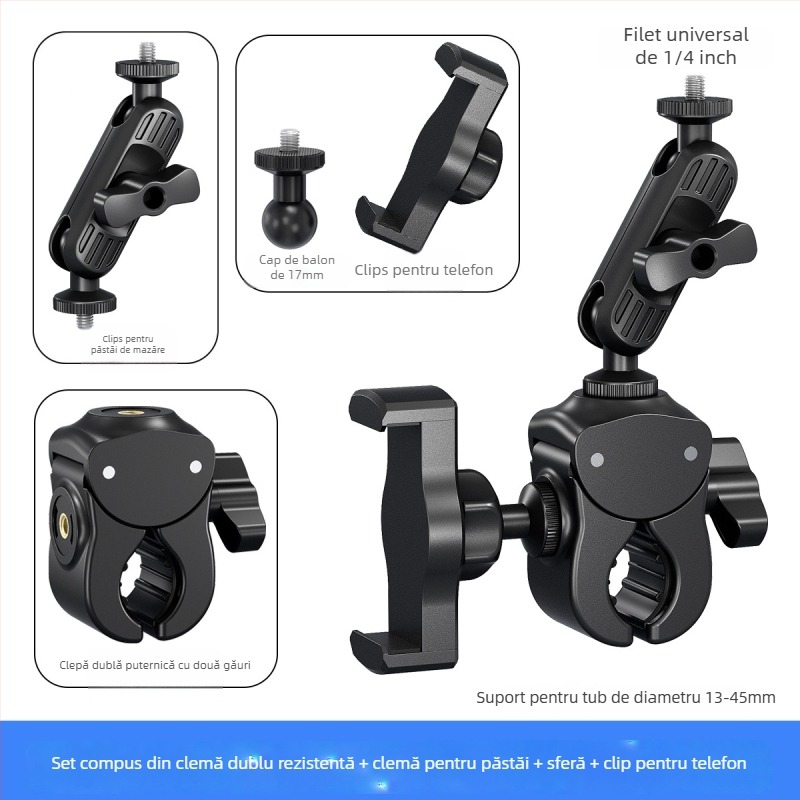 Suport pentru telefon pentru ciclism și montură pentru cameră de acțiune pentru biciclete electrice, MTB și biciclete — model universal, clips din plastic, navigație și filmare