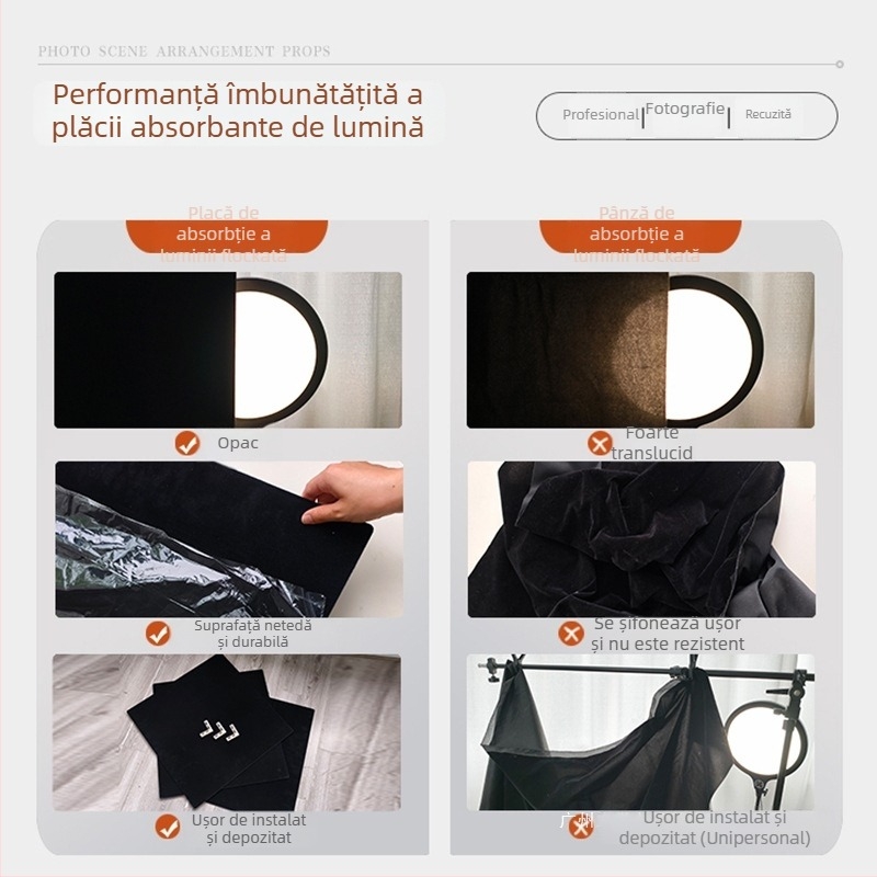 Fundal foto în stil antic, panou negru absorbant lumina, suport pentru bijuterii, fundal velur, configurație mobilă