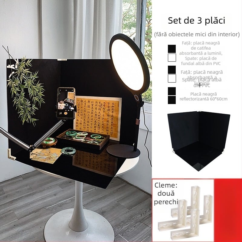 Fundal foto în stil antic, panou negru absorbant lumina, suport pentru bijuterii, fundal velur, configurație mobilă