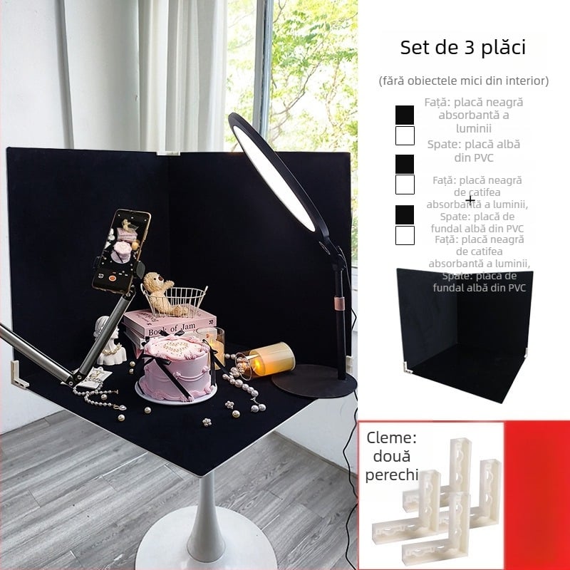 Fundal foto în stil antic, panou negru absorbant lumina, suport pentru bijuterii, fundal velur, configurație mobilă