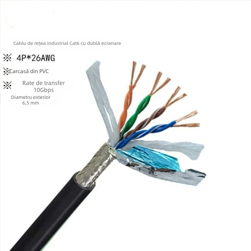 Cablu Ethernet industrial CAT5/6, flexibilitate înaltă, 8 conductori, ecranare dublă, compatibil drag-chain, aplicații servo