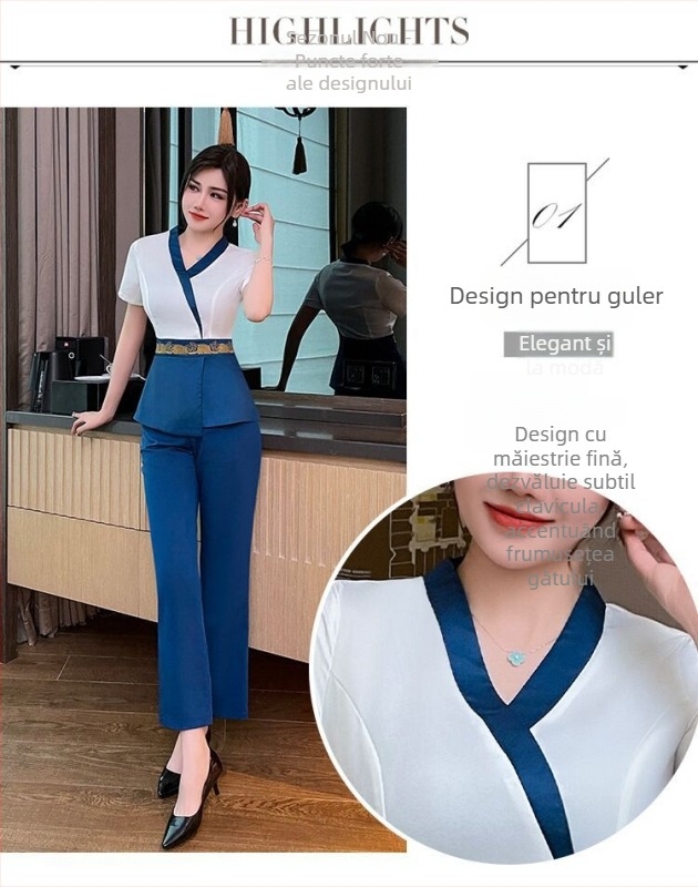 Uniformă pentru tehnicianul de băi de picioare — Bluza în V cu mânecă scurtă, pantaloni 3/4, material amestec bumbac-poliester, evacuează umezeala