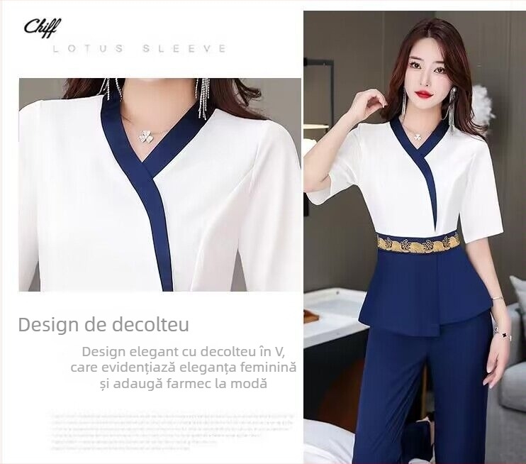 Uniformă pentru tehnicianul de băi de picioare — Bluza în V cu mânecă scurtă, pantaloni 3/4, material amestec bumbac-poliester, evacuează umezeala