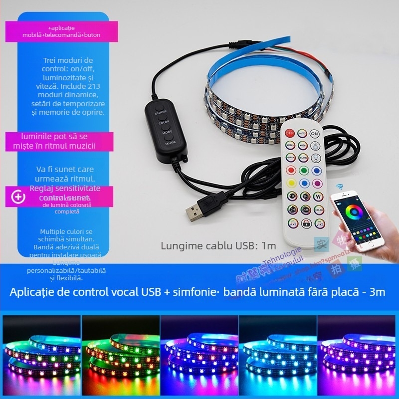 Bandă LED autoadezivă pentru birou PC - alimentare USB, intrare 5V, 12W, control prin aplicație, IP65