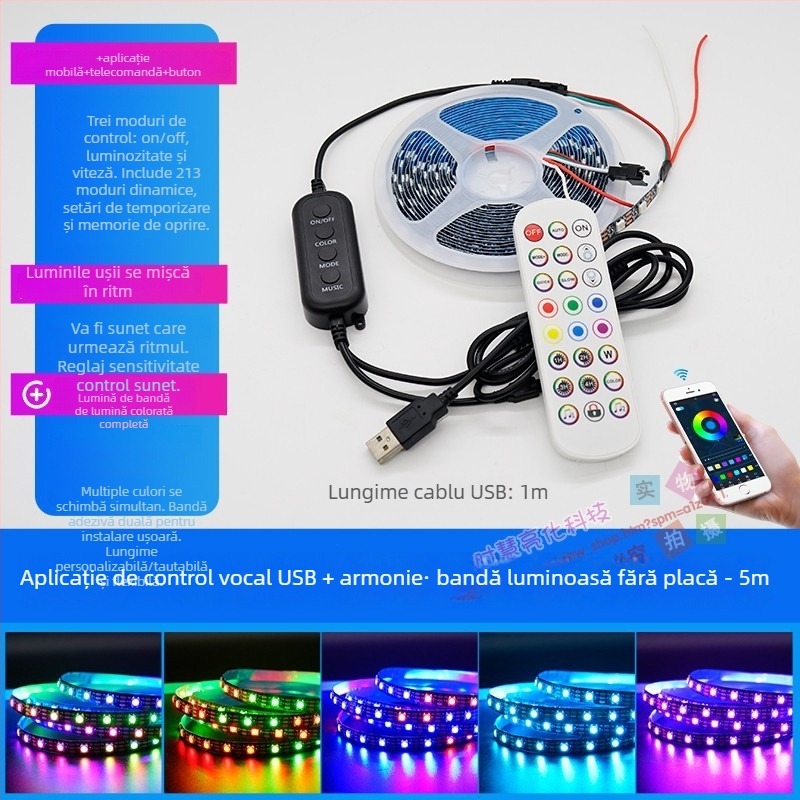 Bandă LED autoadezivă pentru birou PC - alimentare USB, intrare 5V, 12W, control prin aplicație, IP65