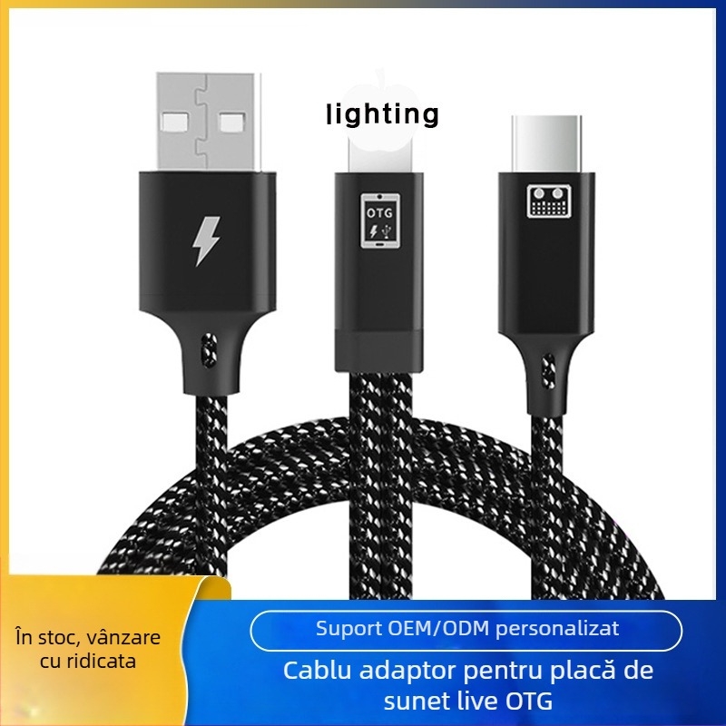 Cablu audio OTG cu mai multe interfețe, 1 la 2 splitter, compatibil Apple Type-C, transfer extins, interfețe Lightning/OTG/Micro USB/Type-C, putere maximă de ieșire 10, material: țesătură