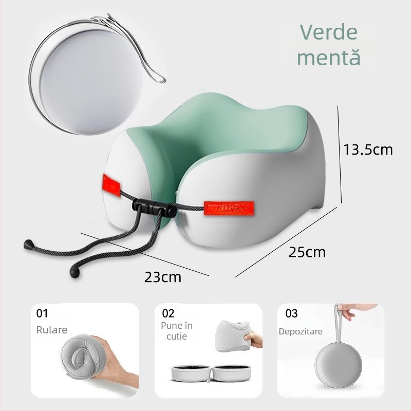 Pernă de călătorie din spumă cu memorie, în formă de U, cu țesătură Ice Silk, pentru susținerea gâtului, portabilă.