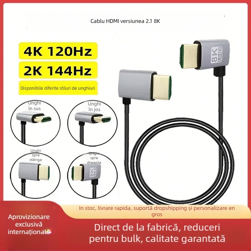 Cablu HDMI la HDMI cu îndoire multiaxială (sus/jos/stânga/dreapta), versiunea 2.1, suport 8K, lungime 1 m