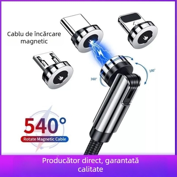 Cablu magnetic de date rotativ 540°, cu conectori Lightning, Micro USB și Type-C, încărcare rapidă până la 2A, cablu împletit