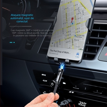 Cablu magnetic de date rotativ 540°, cu conectori Lightning, Micro USB și Type-C, încărcare rapidă până la 2A, cablu împletit