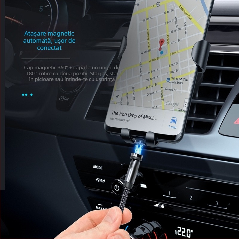 Cablu magnetic de date rotativ 540°, cu conectori Lightning, Micro USB și Type-C, încărcare rapidă până la 2A, cablu împletit