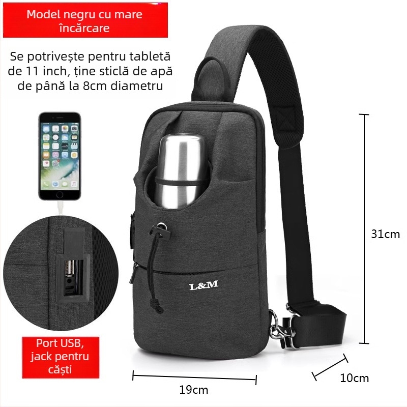 Geantă toracică pentru bărbați, capacitate mare, material Oxford, impermeabilă, respirabilă și rezistentă, pentru drumeții de recreere