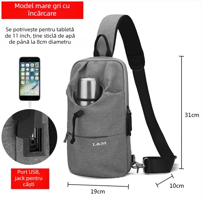 Geantă toracică pentru bărbați, capacitate mare, material Oxford, impermeabilă, respirabilă și rezistentă, pentru drumeții de recreere