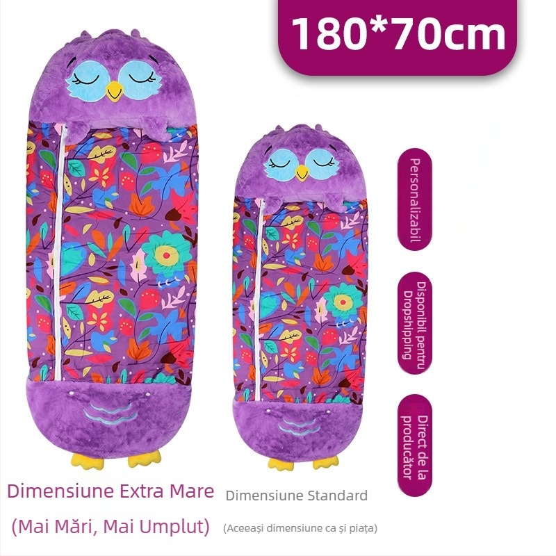Sac de dormit pentru copii, pluş cu spațiu de depozitare, 2 în 1 sac de dormit și pilotă, țesătură poliester, umplutură: bumbac și bumbac gol, 0,55–1,0 kg