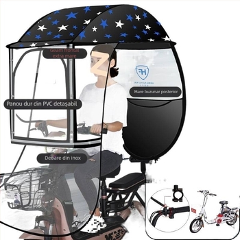 Umbră de ploaie pentru vehicul electric cu cadru din aluminiu, 6 brațe, deschidere automată, închidere semiautomatică, țesătură 190T Impact, UPF 50+