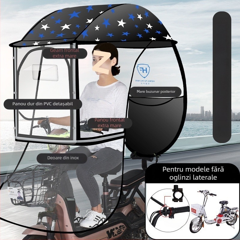 Umbră de ploaie pentru vehicul electric cu cadru din aluminiu, 6 brațe, deschidere automată, închidere semiautomatică, țesătură 190T Impact, UPF 50+