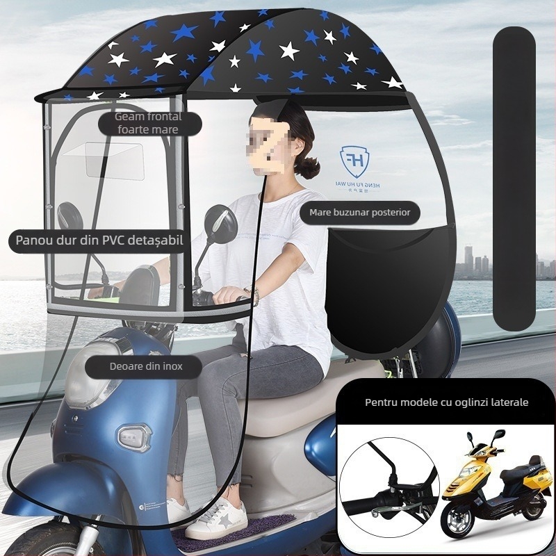 Umbră de ploaie pentru vehicul electric cu cadru din aluminiu, 6 brațe, deschidere automată, închidere semiautomatică, țesătură 190T Impact, UPF 50+