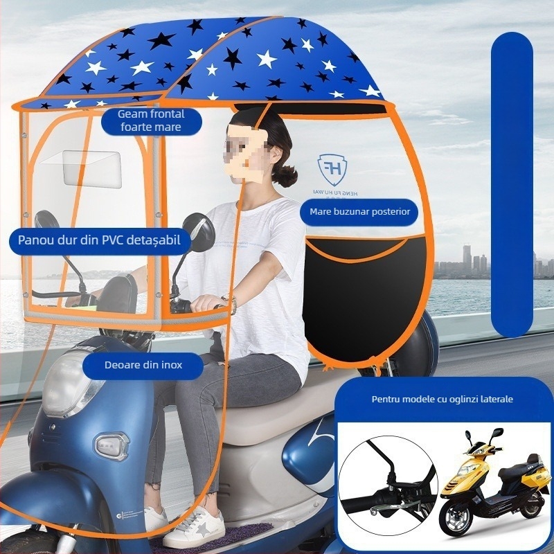 Umbră de ploaie pentru vehicul electric cu cadru din aluminiu, 6 brațe, deschidere automată, închidere semiautomatică, țesătură 190T Impact, UPF 50+