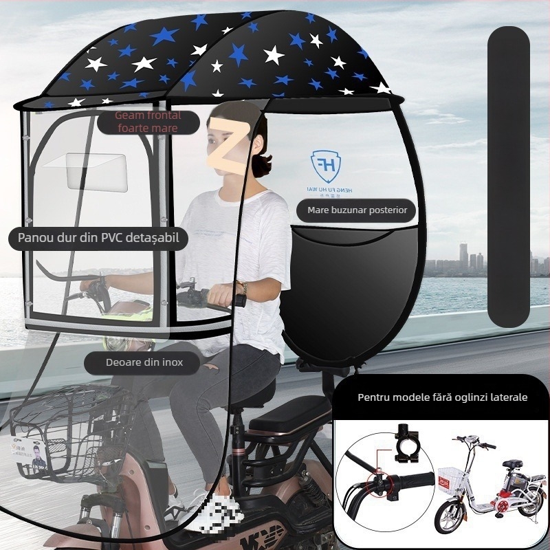 Umbră de ploaie pentru vehicul electric cu cadru din aluminiu, 6 brațe, deschidere automată, închidere semiautomatică, țesătură 190T Impact, UPF 50+