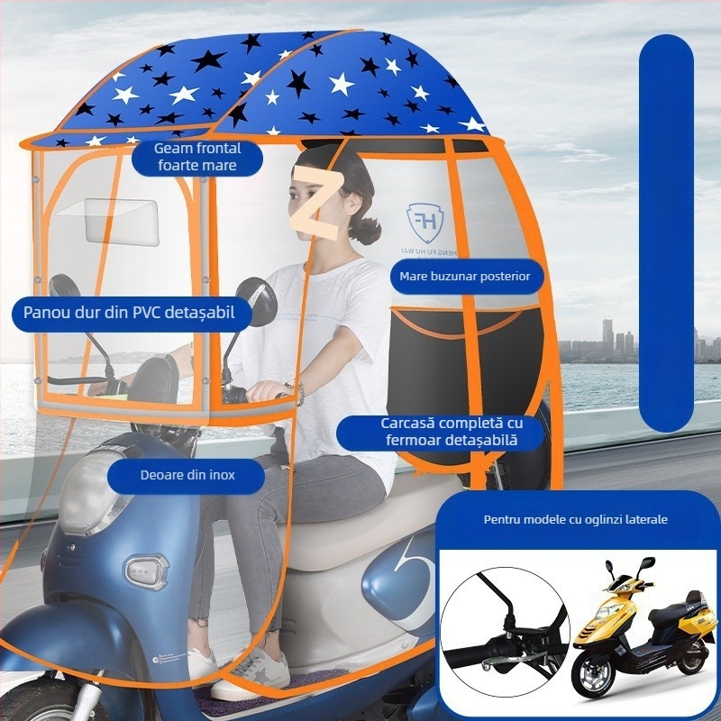 Umbră de ploaie pentru vehicul electric cu cadru din aluminiu, 6 brațe, deschidere automată, închidere semiautomatică, țesătură 190T Impact, UPF 50+