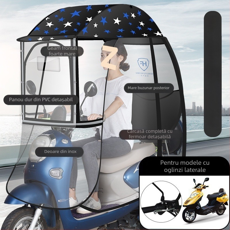 Umbră de ploaie pentru vehicul electric cu cadru din aluminiu, 6 brațe, deschidere automată, închidere semiautomatică, țesătură 190T Impact, UPF 50+