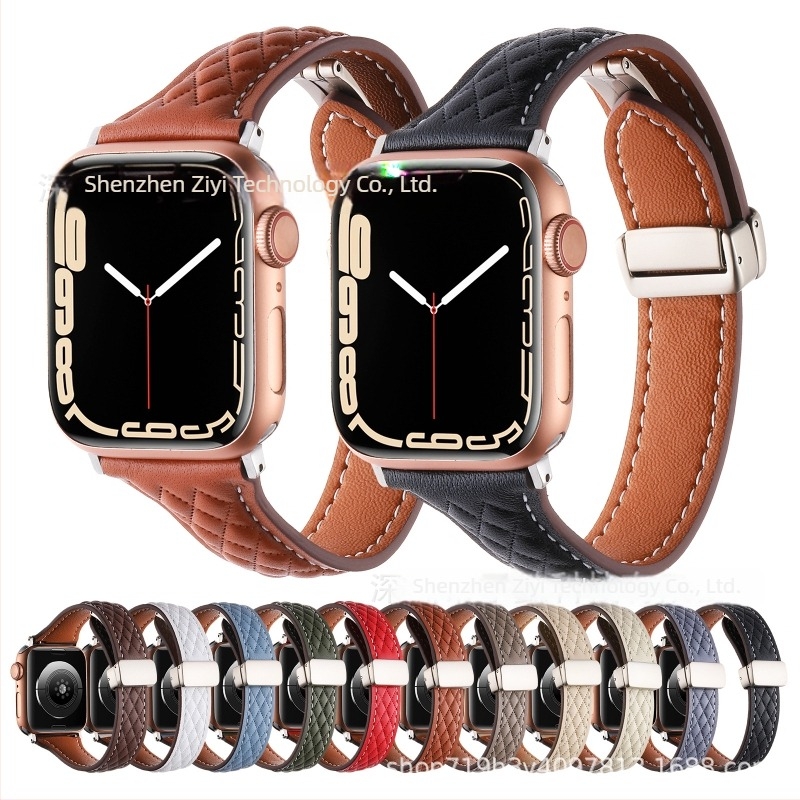 Brățară din piele naturală cu model diamantat pentru Apple Watch Series 8/9, închidere magnetică, interfață 22 mm