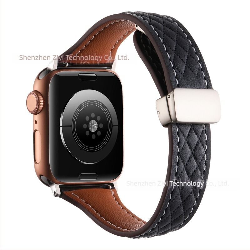 Brățară din piele naturală cu model diamantat pentru Apple Watch Series 8/9, închidere magnetică, interfață 22 mm