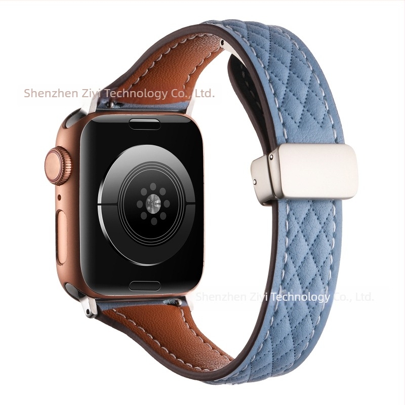 Brățară din piele naturală cu model diamantat pentru Apple Watch Series 8/9, închidere magnetică, interfață 22 mm