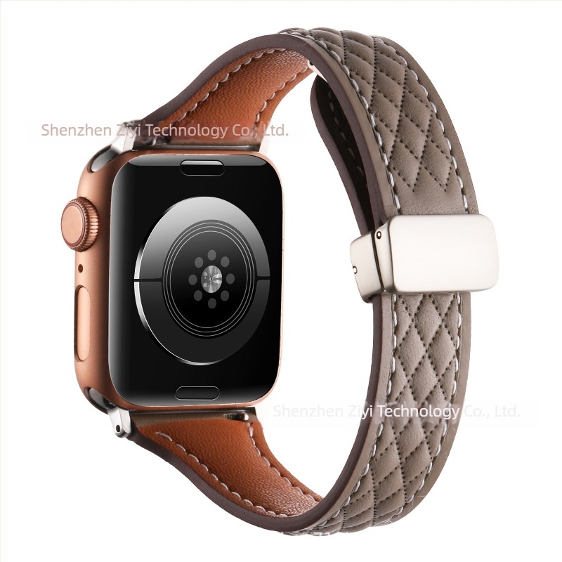 Brățară din piele naturală cu model diamantat pentru Apple Watch Series 8/9, închidere magnetică, interfață 22 mm