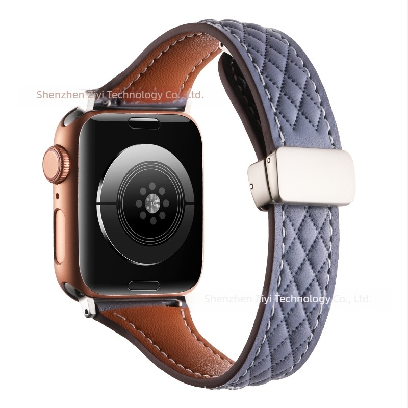 Brățară din piele naturală cu model diamantat pentru Apple Watch Series 8/9, închidere magnetică, interfață 22 mm