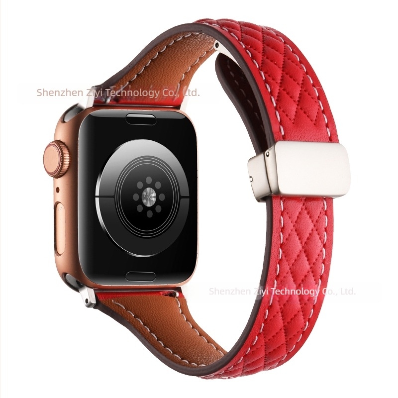 Brățară din piele naturală cu model diamantat pentru Apple Watch Series 8/9, închidere magnetică, interfață 22 mm