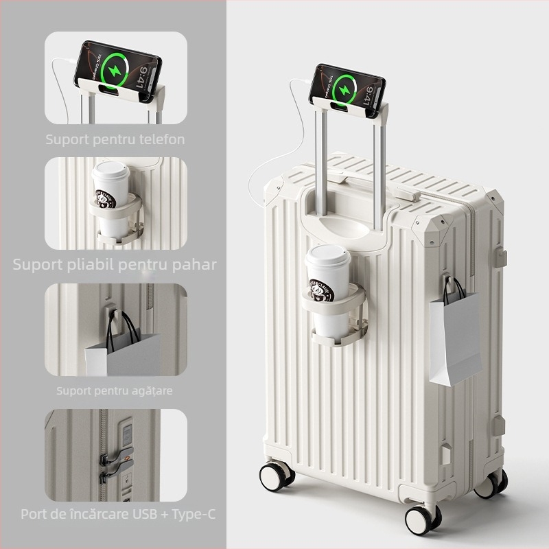 Bagaj cabină, material ABS, deschidere cu fermoar, interfață USB, impermeabil, roți universale