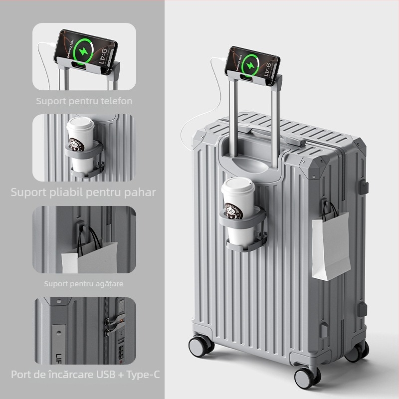 Bagaj cabină, material ABS, deschidere cu fermoar, interfață USB, impermeabil, roți universale