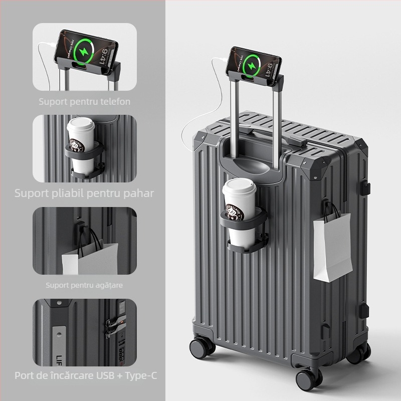 Bagaj cabină, material ABS, deschidere cu fermoar, interfață USB, impermeabil, roți universale