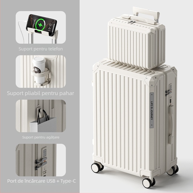 Bagaj cabină, material ABS, deschidere cu fermoar, interfață USB, impermeabil, roți universale