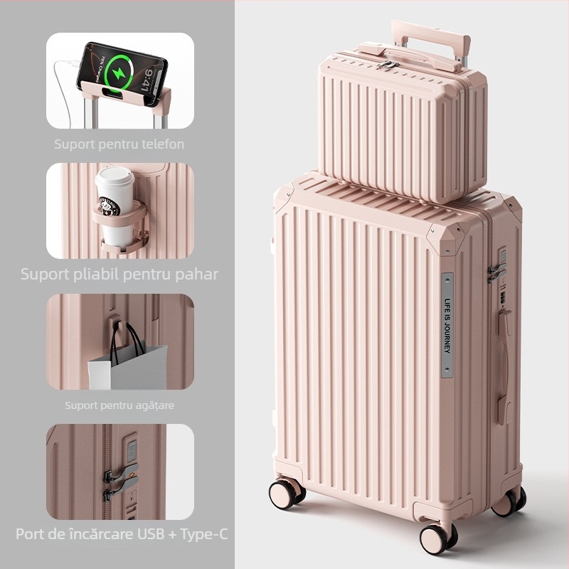 Bagaj cabină, material ABS, deschidere cu fermoar, interfață USB, impermeabil, roți universale