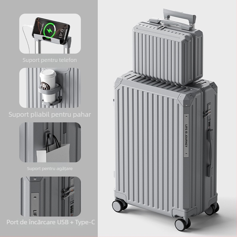Bagaj cabină, material ABS, deschidere cu fermoar, interfață USB, impermeabil, roți universale
