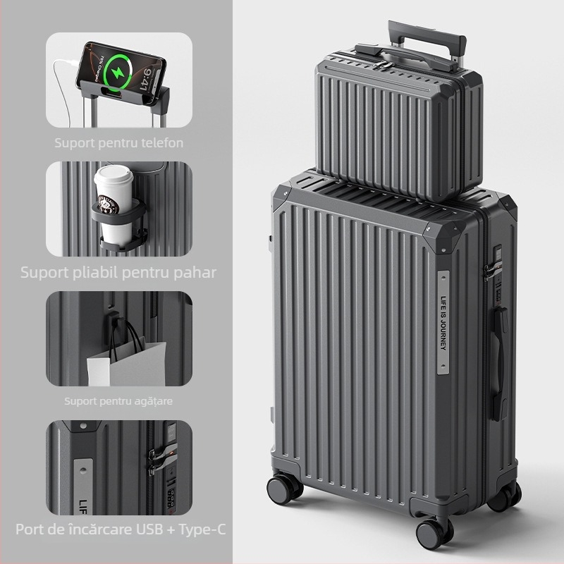 Bagaj cabină, material ABS, deschidere cu fermoar, interfață USB, impermeabil, roți universale
