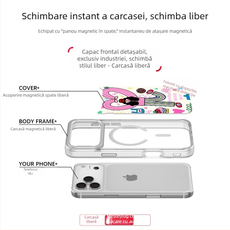 Carcasă magnetică pentru iPhone 17 Pro Max, două în unu, panou posterior înlocuibil, PC mat, personalizabil