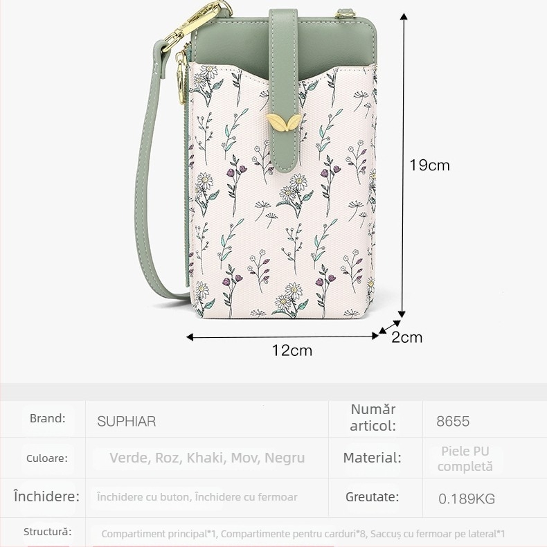 Suphiar Geantă pentru telefon din PU, crossbody, cu buzunar pentru carduri, formă verticală pătrată, stil urban minimalist